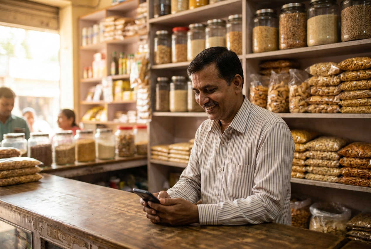 Indian shopkeeper in a Kirana store